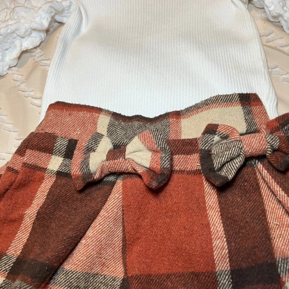 Kids Girls Size 6 White Ribbed Ruffle Sleeve Top Plaid Bow Skirt Outfit Set